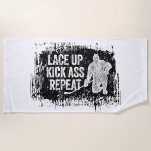 Lace Up. Repeat. (hockey) Beach Towel