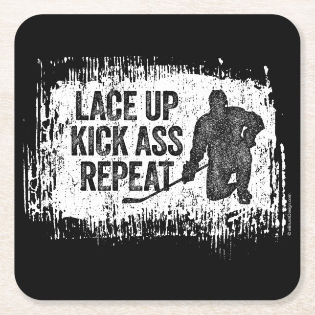 Lace Up. Repeat. (hockey) Square Paper Coaster (Front)