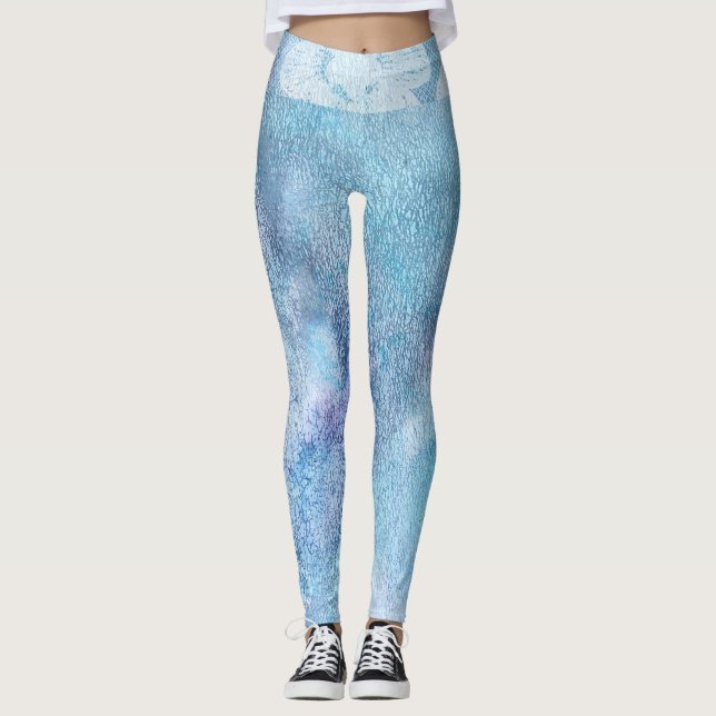 *~* Lace Waist Texture Watercolor Blue Turquoise Leggings (Front)