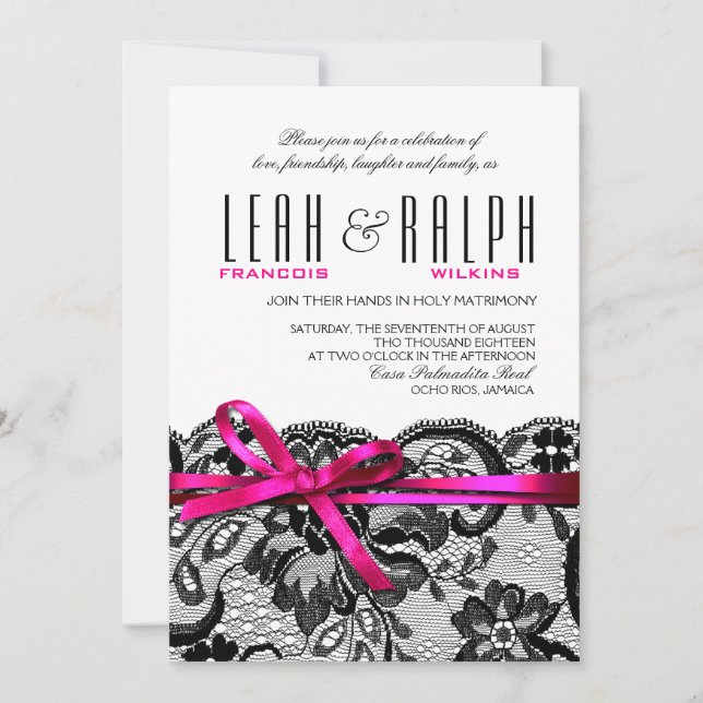 Lace Wedding Bows & Ribbons | white black fuschia Invitation (Front)