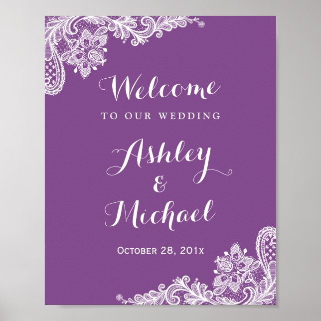 Lace Wedding Reception Sign | Trendy Violet Purple (Front)