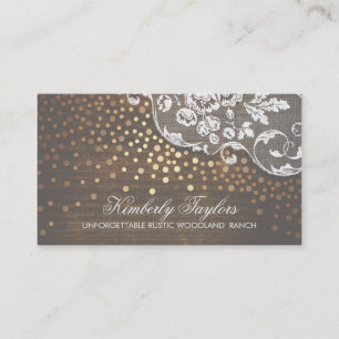 Lace Wood and Gold Confetti Rustic Country Business Card