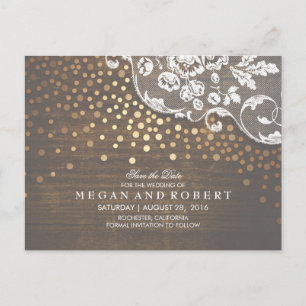 Lace Wood and Gold Confetti Rustic Save the Date Announcement Postcard