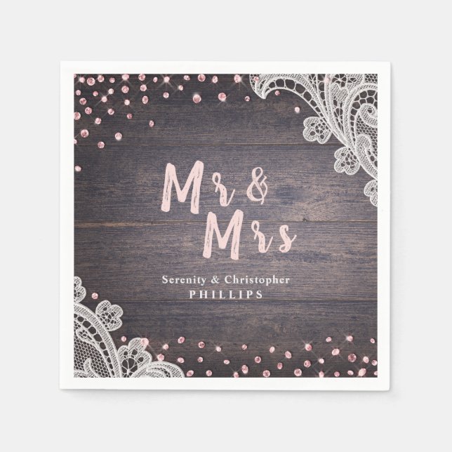 Lace wood blush glitter Mr and Mrs rustic wedding Napkin (Front)
