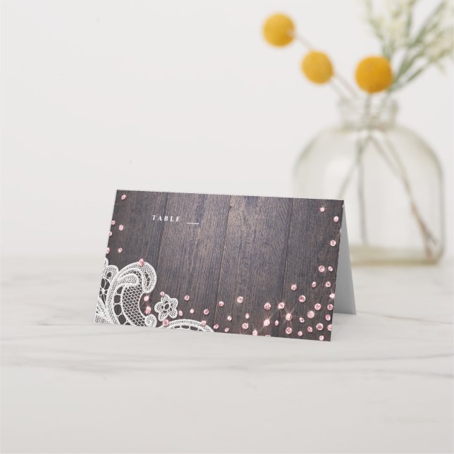 Lace wood blush glitter rustic wedding place cards (Front)