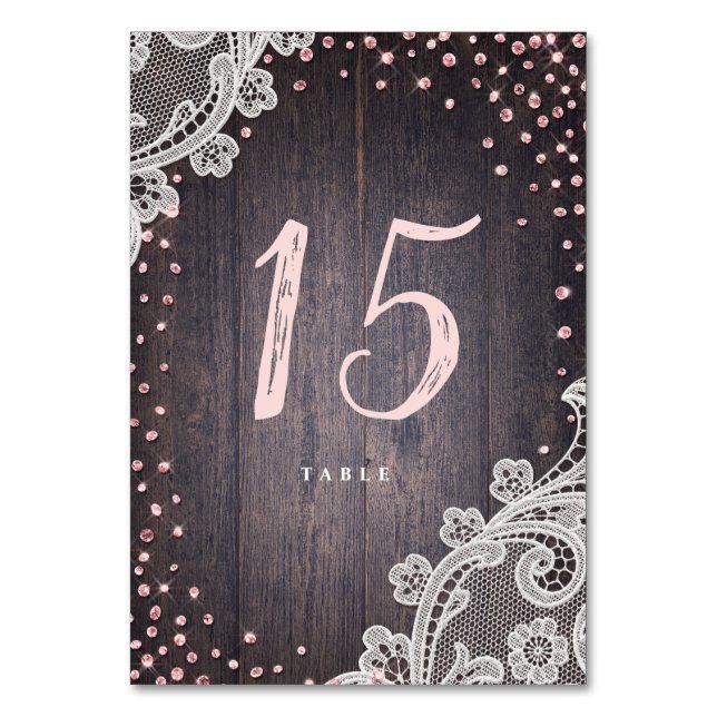 Lace wood blush glitter rustic wedding table card (Front)