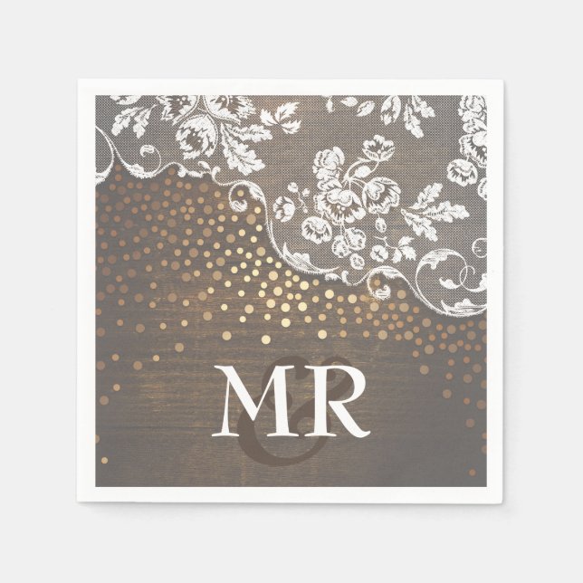 Lace Wood Gold Confetti Rustic Country Napkin (Front)