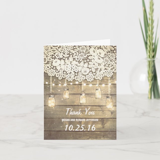 Lace Wood Lights Mason Jar Barn Wedding Thank You (Front)