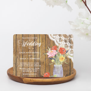 Lace Wood Mason Jar Floral Wedding Invitation