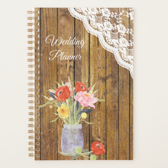 Lace Wood Mason Jar Floral Wedding Planner (Front)