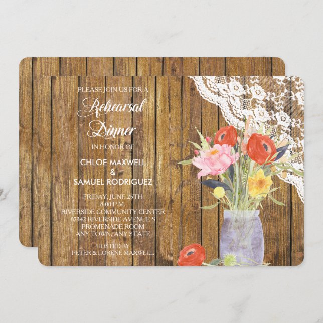 Lace Wood Mason Jar Rehearsal Dinner Invitation (Front/Back)