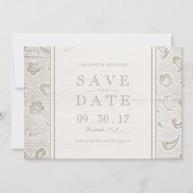Lace wood rustic country wedding save the date (Front)