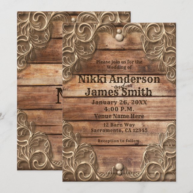 Lace Wood Rustic Vintage Western Elegant Wedding Invitation (Front/Back)