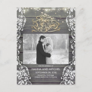 Lace Wood String Lights Rustic Photo Save The Date Announcement Postcard