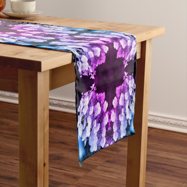 Lacecap Hydrangea Black White Tinted Abstract     Short Table Runner (In Situ)