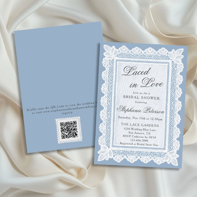 Laced in Love Blue Lace QR Code Bridal Shower Invitation (Creator Uploaded)