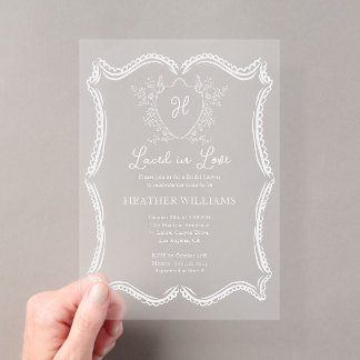 Laced in Love Crest Floral Bridal Shower Acrylic Invitations