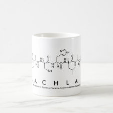 Mug featuring the name Lachlan spelled out in the single letter amino acid code