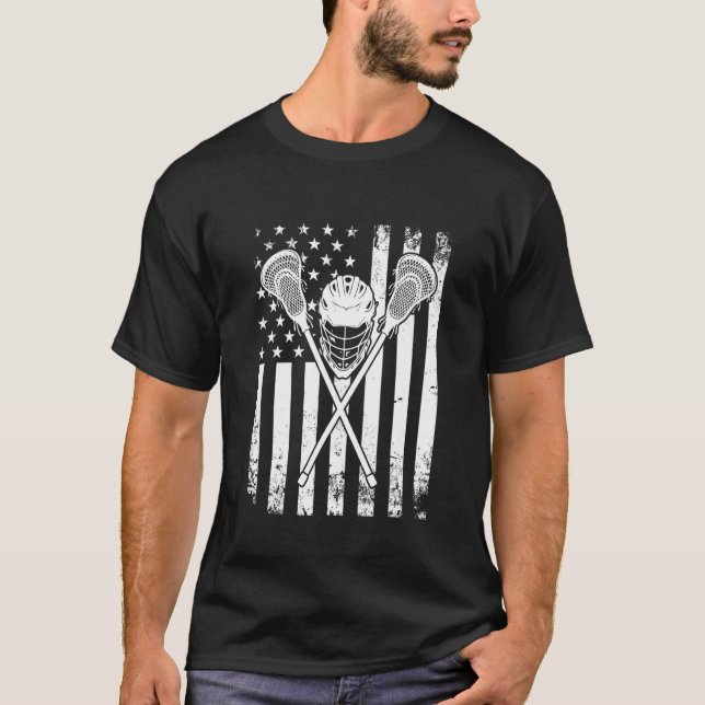 Lacrosse American Flag Cross Lacrosse Sticks Men W T-Shirt (Front)