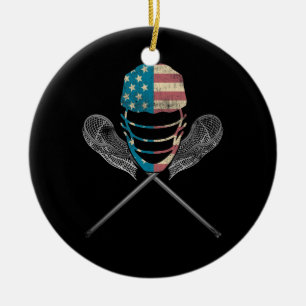 Lacrosse American Flag Lax Helmet And Stick Ceramic Tree Decoration