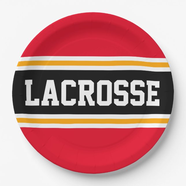 LACROSSE Bright Red Black Yellow Racing Stripes Paper Plate (Front)