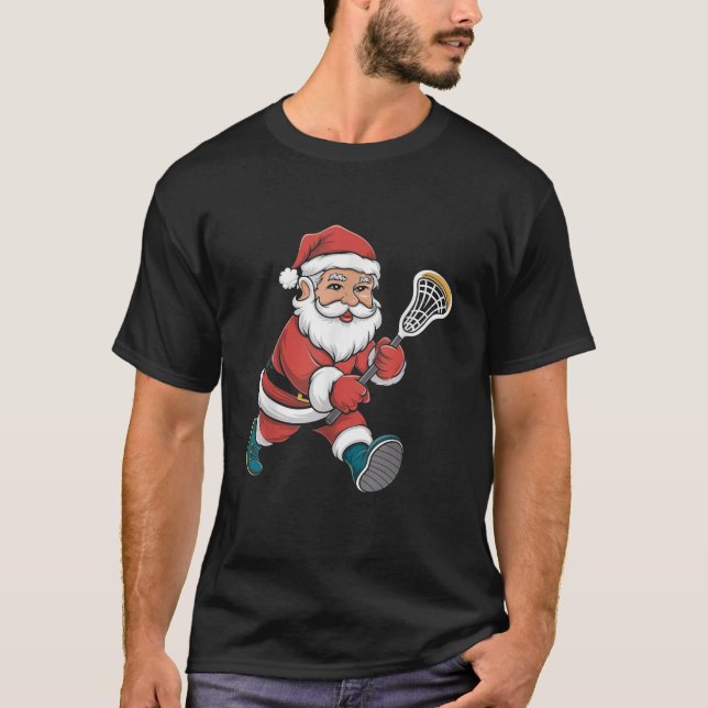 Lacrosse Christmas Santa Claus Funny Lax Player Sa T-Shirt (Front)