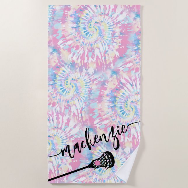 Lacrosse Girls Pink Tie Dye Personalised Beach Towel (Front)
