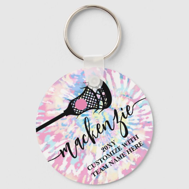 Lacrosse Girls Pink Tie Dye Personalised Key Ring (Front)