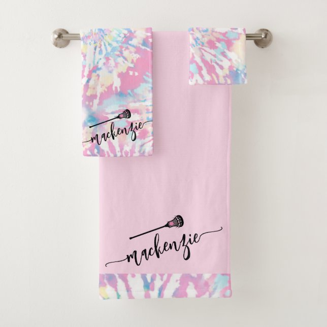 Lacrosse Girls Pink Tie Dye Personalised Name on Bath Towel Set (Insitu)
