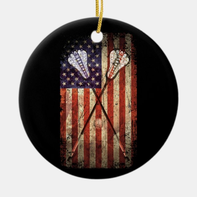 Lacrosse LAX American Flag Ceramic Tree Decoration (Front)