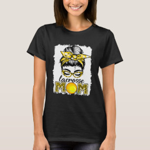 Lacrosse Mum Women Messy Bun Leopard Mother s Day T-Shirt