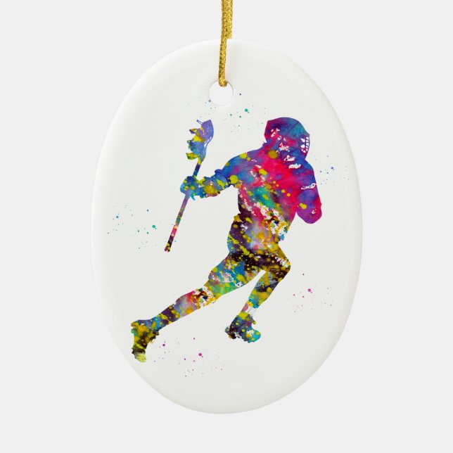 Lacrosse player ceramic tree decoration (Front)