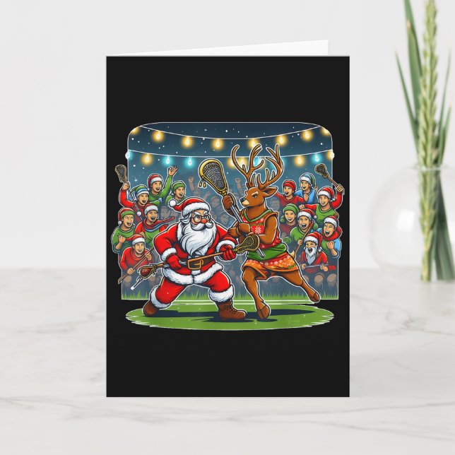 Lacrosse Player Christmas Santa Reindeer Playing L Card (Front)