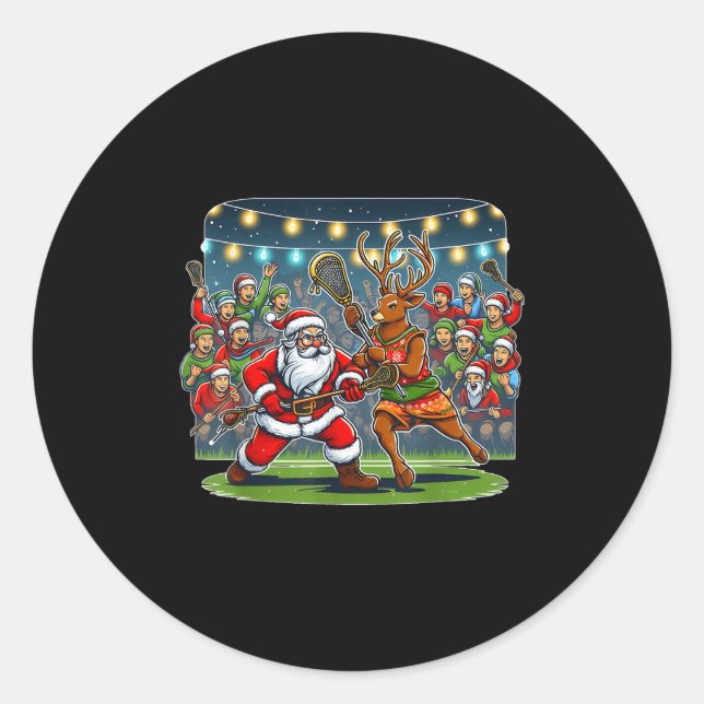 Lacrosse Player Christmas Santa Reindeer Playing L Classic Round Sticker (Front)
