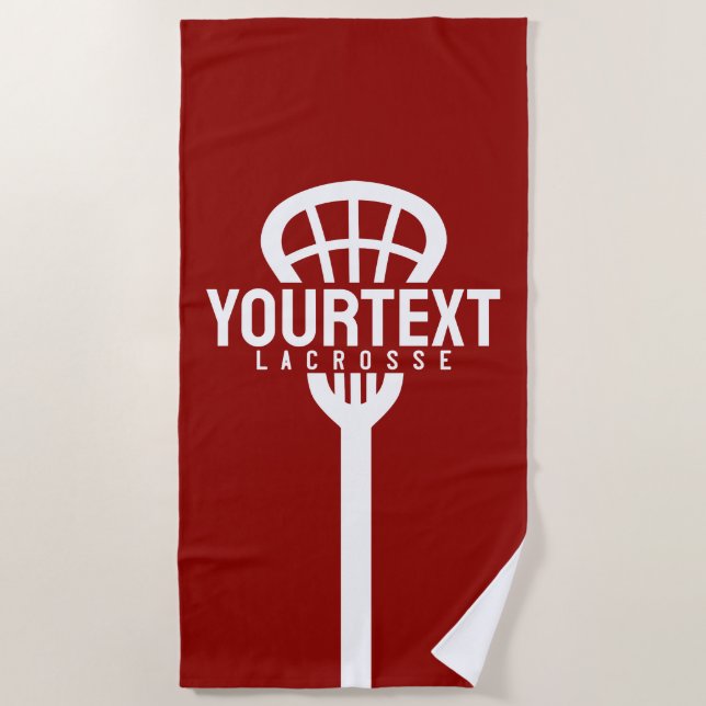 Lacrosse Player CUSTOM TEXT Team Mesh Sport Stick  Beach Towel (Front)