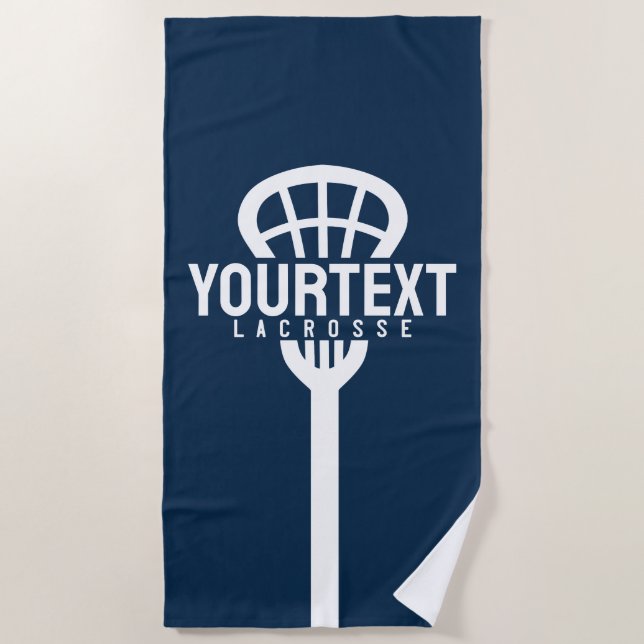 Lacrosse Player CUSTOM TEXT Team Mesh Sport Stick  Beach Towel (Front)