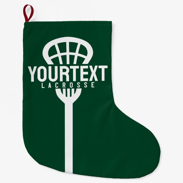 Lacrosse Player CUSTOM TEXT Team Mesh Sport Stick  Large Christmas Stocking (Front)