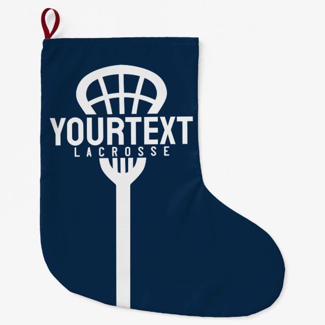Lacrosse Player CUSTOM TEXT Team Mesh Sport Stick  Large Christmas Stocking (Front)