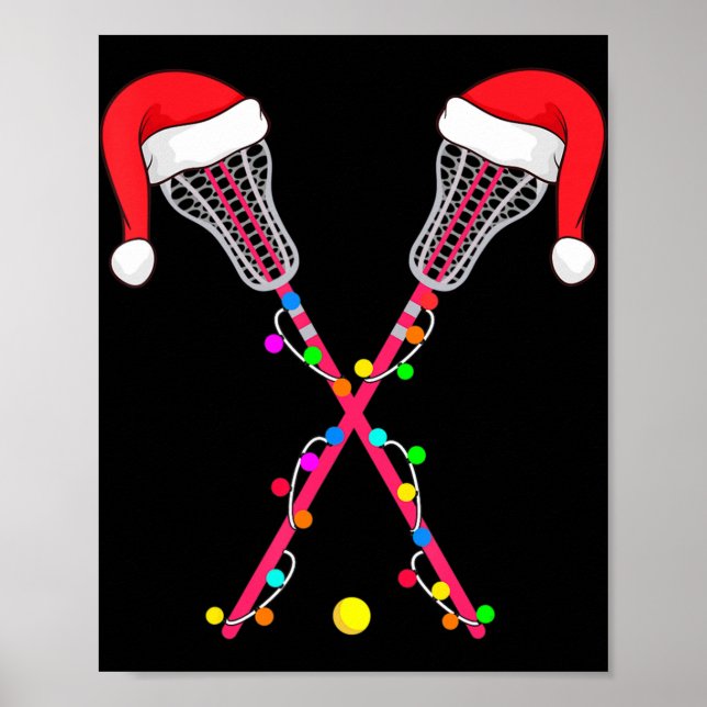 Lacrosse Santa Hat Christmas Lights Fun Sport Xmas Poster (Front)