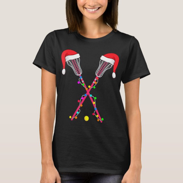 Lacrosse Santa Hat Christmas Lights Fun Sport Xmas T-Shirt (Front)