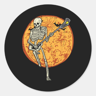 Lacrosse Skeleton Full Moon Sports Halloween Men W Classic Round Sticker