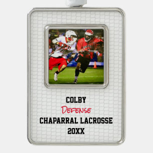 Lacrosse Sports PHOTO NAME YEAR TEAM Colours Fun Silver Plated Framed Ornament