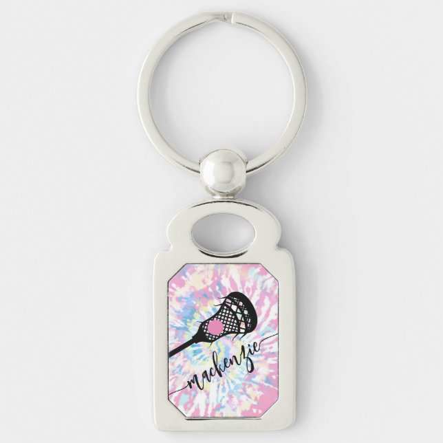 Lacrosse Stick Girly Pink Silver Metal Key Ring (Front)