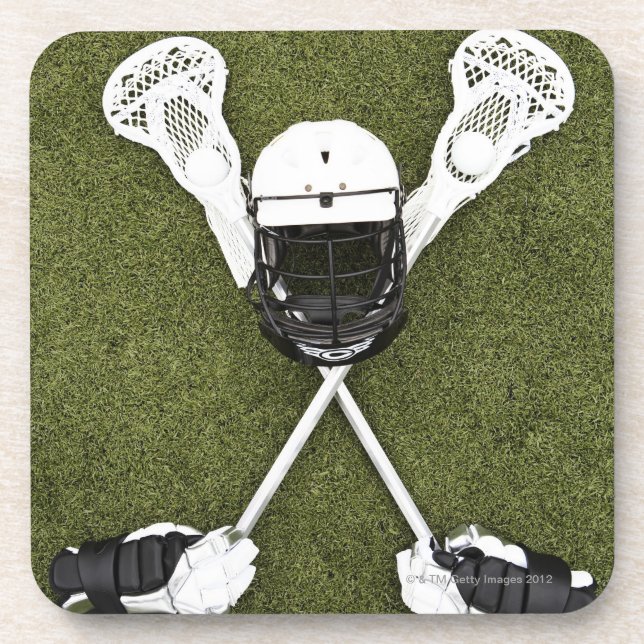 Lacrosse sticks, gloves, balls and sports helmet coaster (Front)