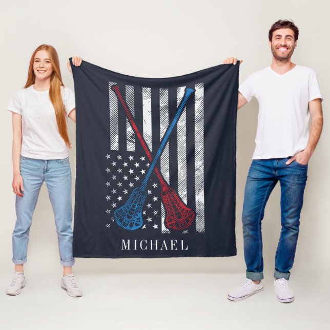 Lacrosse Sticks Patriot Flag Personalised Fleece Blanket (In Situ)