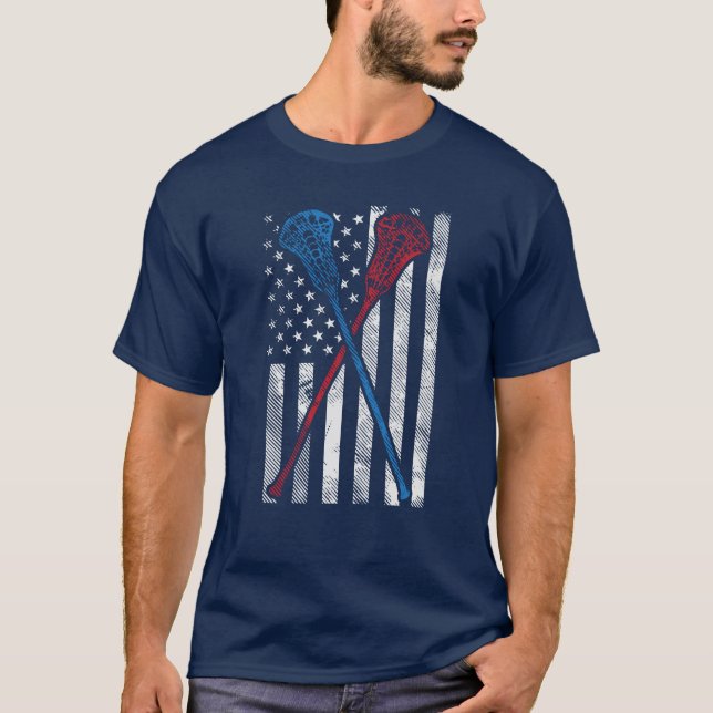 Lacrosse Team Personalised USA Flag and Bats Name T-Shirt (Front)