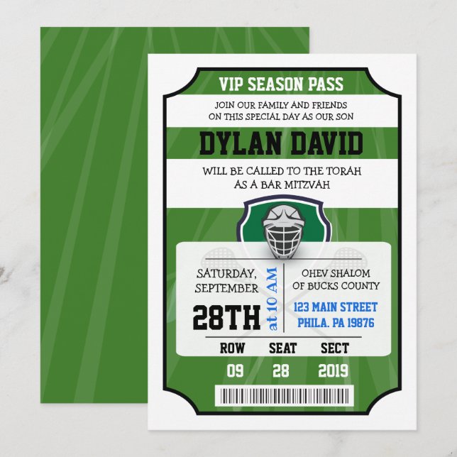LACROSSE VIP TICKET Bar Bat Mitzvah Invitation (Front/Back)