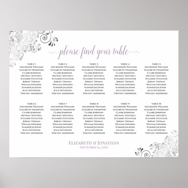 Lacy 10 Table Wedding Seating Chart White Lavender (Front)