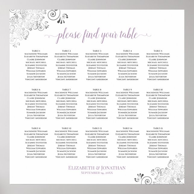 Lacy 15 Table Wedding Seating Chart White Lavender (Front)