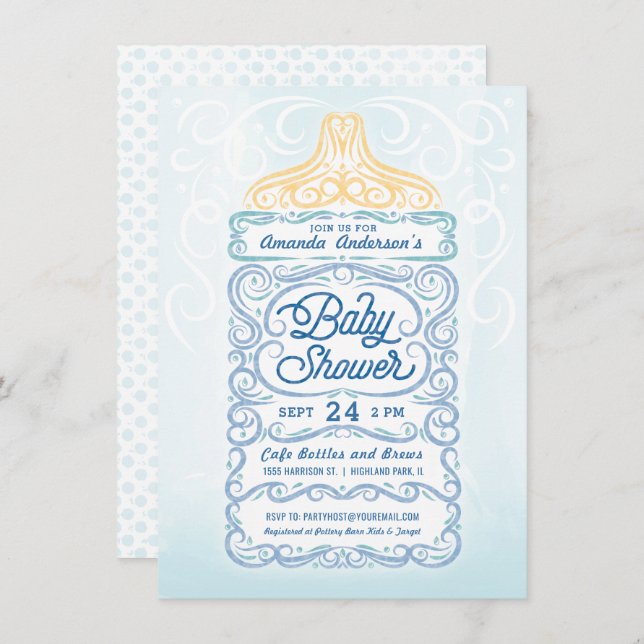 Lacy Baby Bottle Boy Shower Invitation (Front/Back)
